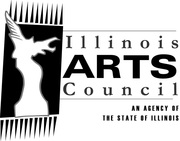 Logo of white scutlpreu on a black background with the text: Illinois Arts Council, an agency of the state of Illinois.
